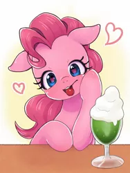 Size: 1200x1600 | Tagged: safe, artist:ayahana, derpibooru import, pinkie pie, blushing, cherry, cute, diapinkes, female, food, heart, heart eyes, image, jpeg, looking at you, milkshake, solo, wingding eyes