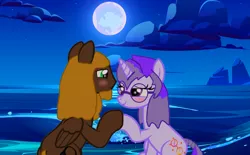 Size: 4091x2544 | Tagged: safe, artist:mellow91, derpibooru import, oc, oc:glass sight, oc:mellow rhythm, pegasus, pony, unicorn, background, beach, beard, blushing, couple, facial hair, female, glasses, holding hooves, image, in love, looking at each other, love, male, mare, moon, night, ocean, png, romantic, stallion