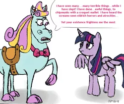 Size: 759x637 | Tagged: safe, artist:sahxyel, derpibooru import, twilight sparkle, twilight sparkle (alicorn), alicorn, horse, pony, bow, comic, crossover, dave the barbarian, female, flower, image, male, mare, png, raised eyebrow, raised hoof, saddle, signature, simple background, speech bubble, tack, twinkle the marvel horse, white background, wings