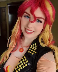 Size: 1440x1800 | Tagged: safe, artist:maddymoiselle, derpibooru import, sunset shimmer, human, equestria girls, clothes, cosplay, costume, image, irl, irl human, jewelry, jpeg, looking at you, necklace, photo, smiling, smiling at you