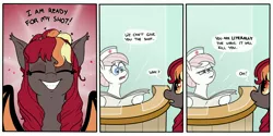 Size: 4096x2048 | Tagged: safe, artist:pony quarantine, derpibooru import, nurse redheart, oc, oc:porona, ponified, bat pony, earth pony, pony, bat pony oc, bat wings, comic, cute, dialogue, duo, female, image, jpeg, mare, newspaper, ocbetes, smiling, speech bubble, wings