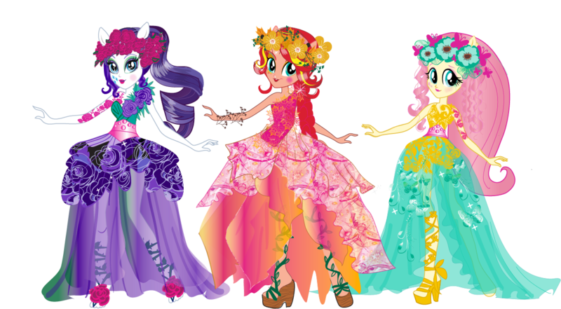 Size: 1253x690 | Tagged: safe, artist:cimmi cumes, fluttershy, rarity, sunset shimmer, equestria girls, legend of everfree, clothes, concept art, dress, gala dress, high heels, image, png, shoes, simple background, transparent background