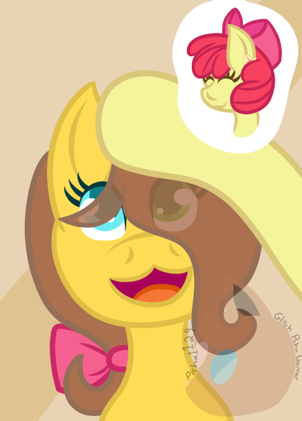 Size: 488x680 | Tagged: safe, artist:pichu1129, derpibooru import, apple bloom, oc, oc:apple slice, earth pony, pony, female, filly, image, mare, petting, png