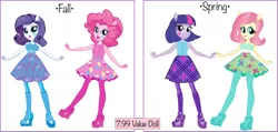 Size: 1400x669 | Tagged: safe, artist:cimmi cumes, official, fluttershy, pinkie pie, rarity, twilight sparkle, equestria girls, clothes, concept art, doll, high heels, image, png, shoes, socks, toy