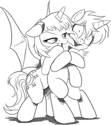 Size: 1123x1273 | Tagged: safe, artist:nauyaco, derpibooru import, oc, unofficial characters only, alicorn, bat pony, bat pony alicorn, pony, unicorn, bat wings, blood sucking, horn, image, monochrome, png, wings