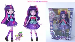 Size: 1280x720 | Tagged: dead source, safe, artist:cimmi cumes, spike, twilight sparkle, dog, equestria girls, bowtie, box, box art, concept art, doll, image, jpeg, packaging, photo, spike the dog, toy, unreleased