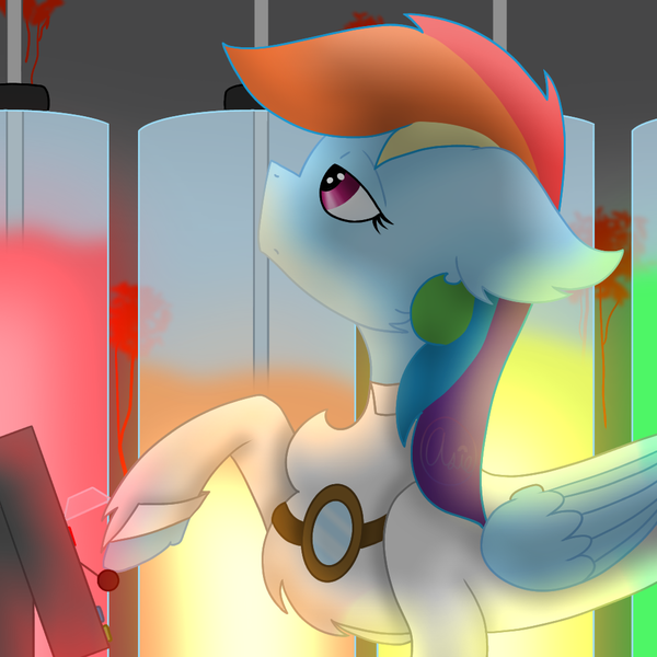 Size: 1000x1000 | Tagged: semi-grimdark, artist:rainbow dash is best pony, derpibooru import, rainbow dash, pegasus, pony, fanfic:rainbow factory, control panel, fanfic art, female, goggles, image, liquid rainbow, png, rainbow factory dash, redraw, solo, spectra, wings