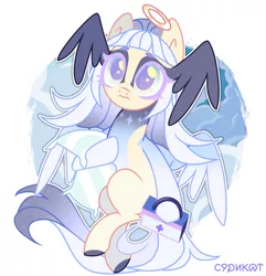 Size: 1300x1350 | Tagged: safe, artist:syriskater, derpibooru import, oc, oc:saint gloria, unofficial characters only, angel pony, original species, pegasus, pony, angel, box, eyeshadow, female, halo, image, makeup, mare, markings, medkit, pillow, png, simple background, solo, white background