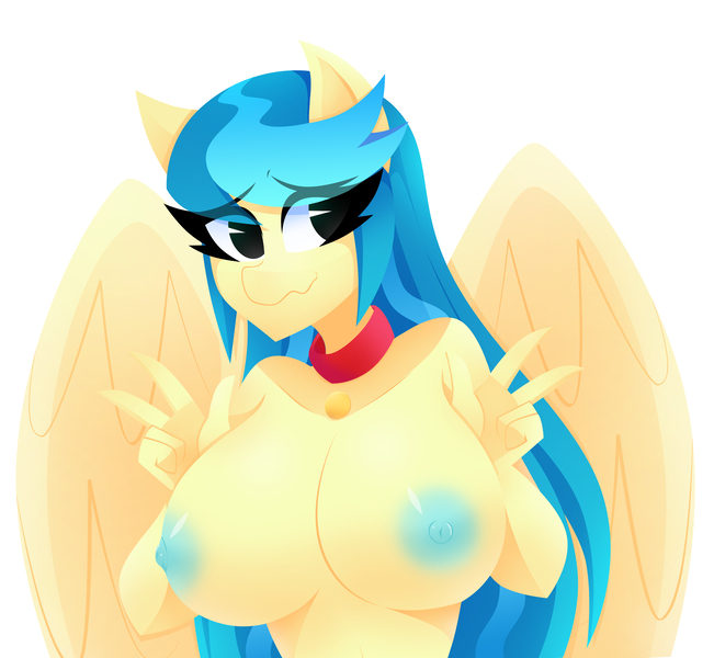 Size: 3557x3276 | Tagged: questionable, artist:xan-gelx, derpibooru import, auntie lofty, anthro, pegasus, pony, :3, big breasts, breasts, busty auntie lofty, cleavage, collar, derpibooru exclusive, female, huge breasts, image, jpeg, milf, nipples, nudity, peace sign, simple background, solo, solo female, technicolor nipples, wavy mouth, white background