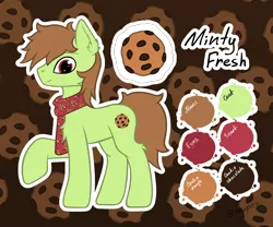 Size: 1536x1280 | Tagged: safe, artist:keupoz, derpibooru import, oc, unofficial characters only, earth pony, abstract background, clothes, commission, cookie, earth pony oc, food, image, png, reference sheet, scarf, text