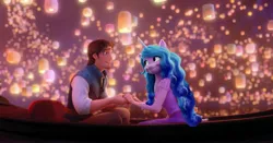 Size: 4096x2145 | Tagged: safe, artist:invisibrony, derpibooru import, edit, izzy moonbow, g5, boat, clothes, crossover, dress, flynn rider, holding hands, image, jpeg, lantern, looking at each other, pony head on human body, tangled (disney)