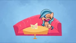 Size: 3000x1690 | Tagged: safe, derpibooru import, screencap, earth pony, pony, my little pony: pony life, spoiler:pony life s02e14, ;d, background pony, blue background, couch, image, life of pie, orange zest, png, simple background, sitting, solo
