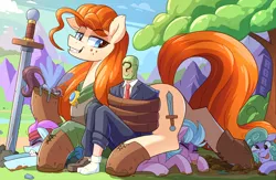 Size: 2480x1617 | Tagged: safe, artist:nignogs, oc, oc:anon, oc:ginger scotch, oc:nordpone, unofficial characters only, breezie, earth pony, human, blushing, damsel in distress, fanfic art, female, freckles, grin, guardsmare, hoof boots, image, male, mare, outdoors, png, rescue, reversed gender roles equestria, royal guard, size difference, smiling, smug, sweat, sword, tied up, tongue out, tree, weapon