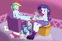 Size: 1536x1038 | Tagged: suggestive, artist:caroo, derpibooru import, rainbow dash, rarity, equestria girls, bondage, bra, clothes, dashsub, feet, female, femdom, femsub, fetish, foot fetish, image, oil, panties, png, raridom, stripped, submissive, tickling, underwear