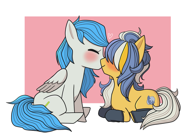 Size: 3000x2171 | Tagged: safe, artist:off_9999, derpibooru import, oc, oc:stormpone, oc:sun showers, pegasus, blushing, clothes, cute, eyes closed, greentext, image, kissing, one eye covered, png, sitting, socks, text