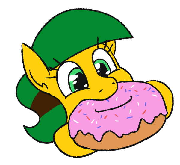 Size: 601x551 | Tagged: safe, artist:jargon scott, derpibooru import, oc, oc:blocky bits, unofficial characters only, earth pony, pony, donut, eating, female, food, giant food, image, mare, png, simple background, solo, white background