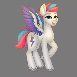 Size: 828x828 | Tagged: safe, artist:ittybittybiters, derpibooru import, zipp storm, pegasus, pony, female, g5, gray background, image, jpeg, mare, simple background, solo, spread wings, tongue out, wings