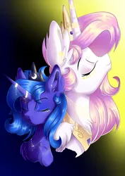 Size: 1280x1811 | Tagged: safe, artist:natanvok, derpibooru import, princess celestia, princess luna, alicorn, pony, bust, crown, duo, eyes closed, female, horn, horn jewelry, image, jewelry, jpeg, necklace, peytral, pink-mane celestia, portrait, regalia, royal sisters, siblings, sisters, younger