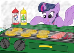 Size: 1280x929 | Tagged: safe, artist:pianoflagerag, derpibooru import, twilight sparkle, alicorn, fish, atg 2021, barbeque, burger, food, grill, hay burger, hot dog, hungry, image, jpeg, ketchup, looking down, meat, mustard, newbie artist training grounds, salmon, sauce, sausage, smoke, spread wings, that pony sure does love burgers, twilight sparkle (alicorn), wings