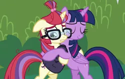 Size: 1672x1057 | Tagged: safe, derpibooru import, screencap, moondancer, twilight sparkle, twilight sparkle (alicorn), alicorn, pony, unicorn, amending fences, season 5, cropped, duo, duo female, eyes closed, female, glasses, hug, image, mare, png, teary eyes