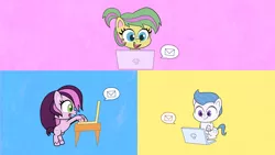 Size: 1920x1080 | Tagged: safe, derpibooru import, screencap, unnamed character, unnamed pony, earth pony, pony, my little pony: pony life, spoiler:pony life s01e22, background pony, bipedal, bipedal leaning, computer, dear tabby, image, laptop computer, leaning, lilith (character), pineapple salsa, png