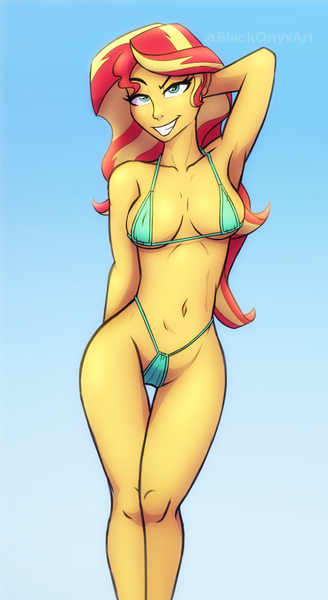 Size: 865x1583 | Tagged: suggestive, artist:blackonyxart, artist:blackonyxtheone, derpibooru import, sunset shimmer, human, arm behind head, armpits, bare shoulders, belly, belly button, bikini, blue background, breasts, busty sunset shimmer, clothes, eyebrows, eyelashes, female, green eyes, hair, hips, human female, image, long hair, looking at you, multicolored hair, panties, png, pose, showing off, simple background, smiling, smiling at you, smug, standing, swimsuit, teeth, thighs, thong, thunder thighs, underwear, wide hips