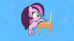 Size: 1920x1080 | Tagged: safe, derpibooru import, screencap, earth pony, pony, my little pony: pony life, spoiler:pony life s01e22, bipedal, bipedal leaning, blue background, computer, dear tabby, female, image, laptop computer, leaning, lilith (character), mare, png, simple background, solo, table, typing