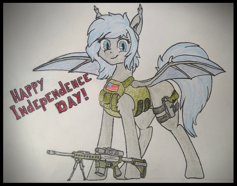 Size: 3400x2673 | Tagged: safe, artist:yognaughtsteve, derpibooru import, oc, oc:midnight dagger, bat pony, pony, 4th of july, glock, gun, handgun, holiday, image, independence day, pistol, plate carrier, png, rifle, solo, united states, weapon