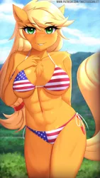 Size: 2250x4000 | Tagged: suggestive, alternate version, artist:twistedscarlett60, derpibooru import, applejack, anthro, earth pony, 4th of july, abs, absurd resolution, amerijack, belly button, blushing, breasts, busty applejack, chest fluff, clothes, ear fluff, eyebrows, eyelashes, female, flag bikini, hair tie, holiday, image, legs together, looking at you, missing accessory, outdoors, png, shoulder fluff, side-tie bikini, smiling, smiling at you, solo, solo female, stupid sexy applejack, swimsuit