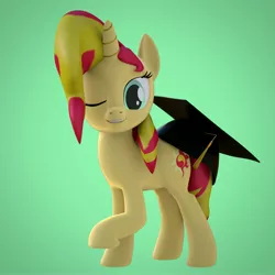 Size: 4000x4000 | Tagged: safe, artist:wissle, derpibooru import, sunset shimmer, pony, unicorn, 3d, absurd resolution, atg 2021, blender, female, graduation cap, happy, hat, image, jpeg, looking at you, mare, newbie artist training grounds, one eye closed, raised leg, simple background, smiling, solo, wink