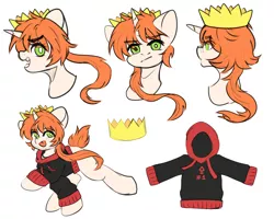 Size: 2500x2000 | Tagged: safe, artist:etoz, derpibooru import, oc, oc:etoz, unofficial characters only, pony, unicorn, :p, angry, clothes, crown, eyebrows, eyebrows visible through hair, fangs, female, hoodie, horn, image, jewelry, mare, open mouth, png, reference sheet, regalia, sketch, solo, tongue out, unicorn oc