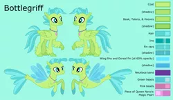 Size: 3567x2067 | Tagged: safe, artist:ethanjacobsyrosca, derpibooru import, oc, oc:bottlegriff, unofficial characters only, classical hippogriff, hippogriff, sea pony, seapony (g4), absurd resolution, green background, high res, hippogriff oc, image, jewelry, male, necklace, not terramar, png, reference sheet, seapony oc, simple background, solo, vector