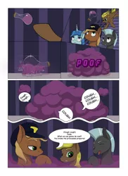 Size: 2904x4000 | Tagged: safe, artist:palibrik, derpibooru import, compass star, evening star, party favor, thunderlane, earth pony, pegasus, pony, unicorn, comic:securing a sentinel, abandoned, bottle, broken, carousel boutique, comic, commissioner:bigonionbean, cutie mark, derp, dialogue, dropping, drunk, female, glass, hat, high res, image, male, offscreen character, png, ponyville, potion, shattered, shipping, stallion