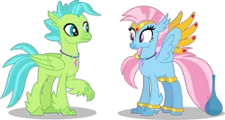 Size: 6049x3228 | Tagged: safe, artist:ethanjacobsyrosca, derpibooru import, oc, oc:bottlegriff, oc:wishgriff, unofficial characters only, classical hippogriff, genie, hippogriff, absurd resolution, bottle, bracelet, brother and sister, circlet, clothes, female, fraternal twins, hippogriff oc, image, jewelry, leggings, male, not silverstream, not terramar, png, shadow, siblings, simple background, transparent background, vector, wing jewelry