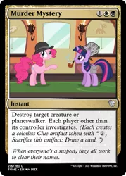Size: 375x523 | Tagged: safe, derpibooru import, edit, pinkie pie, twilight sparkle, earth pony, unicorn, mmmystery on the friendship express, bowler hat, ccg, deerstalker, hat, image, implied death, magic the gathering, pipe, png, trading card, trading card edit, train, train car