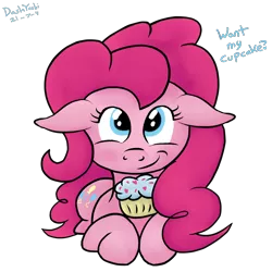 Size: 1200x1200 | Tagged: safe, artist:dashyoshi, derpibooru import, pinkie pie, earth pony, pony, blushing, cupcake, cute, diapinkes, floppy ears, food, image, looking at you, lying down, png, simple background, solo, text, transparent background