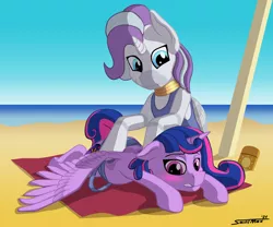 Size: 2100x1750 | Tagged: safe, artist:sa1ntmax, author:bigonionbean, derpibooru import, oc, oc:princess mythic majestic, oc:queen galaxia, alicorn, pony, alicorn oc, alicorn princess, back rubbing, background, beach, blushing, clothes, commissioner:bigonionbean, embarrassed, female, fusion, fusion:princess mythic majestic, fusion:queen galaxia, horn, image, jewelry, lotion, lying down, mare, png, regalia, sunscreen, towel, wings