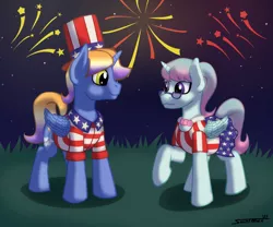 Size: 2100x1750 | Tagged: safe, artist:sa1ntmax, author:bigonionbean, derpibooru import, oc, oc:aerial agriculture, oc:earthing elements, alicorn, pony, 4th of july, alicorn oc, background, clothes, commissioner:bigonionbean, cute, cutie mark, female, fireworks, fusion, fusion:aerial agriculture, fusion:earthing elements, glasses, grass, grass field, hat, holiday, horn, husband and wife, image, independence day, male, mare, national flag, nationalism, patriotic, png, pride, romantic, stallion, star spangled banner, top hat, wings