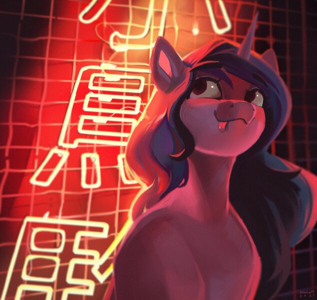 Size: 2000x1892 | Tagged: safe, artist:annna markarova, derpibooru import, izzy moonbow, pony, unicorn, ball, g5, image, jpeg, light, neon, neon sign, photo, solo, tennis ball