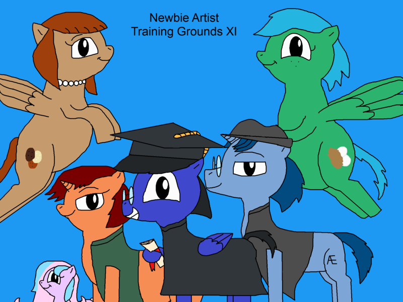 Size: 2000x1500 | Tagged: safe, artist:blazewing, derpibooru import, oc, oc:blazewing, oc:maggie, oc:pastel macaroon, oc:pecan sandy, oc:syntax, oc:tough cookie, unofficial characters only, earth pony, pegasus, pony, unicorn, atg 2021, chubby, clothes, colored background, diploma, drawpile, fat, fedora, female, filly, flying, foal, freckles, glasses, graduation cap, graduation gown, hat, image, jewelry, looking at you, male, mare, necklace, newbie artist training grounds, pearl necklace, png, smiling, stallion, vest