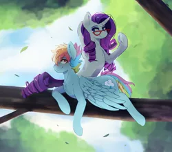 Size: 1866x1644 | Tagged: safe, artist:aaa-its-spook, derpibooru import, rainbow dash, rarity, cloud, female, image, jpeg, leaves, lesbian, raridash, shipping, sky, tree, tree branch