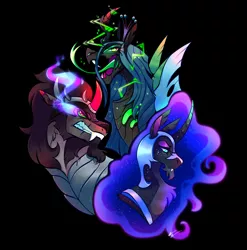 Size: 1280x1297 | Tagged: safe, artist:shebbart, derpibooru import, king sombra, nightmare moon, queen chrysalis, alicorn, changeling, changeling queen, pony, umbrum, unicorn, black background, colored horn, crown, curved horn, fangs, female, horn, image, jewelry, male, mare, png, regalia, simple background, stallion, tongue out