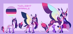 Size: 1280x605 | Tagged: safe, artist:shebbart, derpibooru import, twilight sparkle, twilight sparkle (alicorn), alicorn, pony, age progression, alternate design, cloven hooves, colored horn, curved horn, fangs, female, horn, horn ring, image, jewelry, leonine tail, mare, png, reference sheet, ring, solo, story included