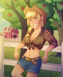 Size: 960x1179 | Tagged: safe, artist:toxiccolour, derpibooru import, applejack, human, abs, apple, applejack's hat, apple tree, barn, belly button, belt, blue bottomwear, breasts, busty applejack, clothes, cowboy hat, cowgirl, cute, female, fence, flannel, food, freckled breasts, freckles, front knot midriff, green eyes, grin, hat, human coloration, humanized, image, jackabetes, jpeg, leaning back, midriff, one eye closed, outdoors, plaid shirt, ponytail, shirt, shorts, smiling, solo, solo female, straw in mouth, sweet apple acres, tomboy, tree, wink, wooden fence