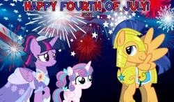 Size: 2064x1204 | Tagged: safe, artist:not-yet-a-brony, derpibooru import, flash sentry, princess flurry heart, twilight sparkle, alicorn, pegasus, pony, the last problem, 2021, 4th of july, american independence day, armor, aunt and niece, auntie twilight, clothes, coronation dress, dress, female, filly, fireworks, holiday, homecoming, honorary uncle, image, looking at each other, male, mare, older, older flurry heart, png, reunion, royal guard armor, second coronation dress, smiling, smiling at each other, stallion, uncle flash, youtube link in the description