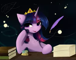 Size: 3383x2687 | Tagged: safe, artist:empress-twilight, derpibooru import, twilight sparkle, pony, :p, book, bust, chest fluff, crown, ear fluff, female, high res, i can't believe it's not magnaluna, image, inkwell, jewelry, mare, paper, png, quill, regalia, solo, table, tongue out