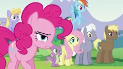 Size: 1280x720 | Tagged: safe, derpibooru import, screencap, cloud kicker, coco crusoe, fluttershy, pinkie pie, rainbow dash, royal riff, spike, dragon, earth pony, pegasus, pony, season 5, the mane attraction, bedroom eyes, female, flying, image, lidded eyes, looking at you, male, mare, mid-blink screencap, out of context, png, stallion