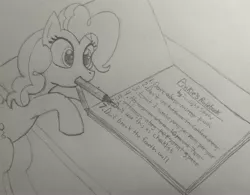 Size: 3766x2934 | Tagged: safe, artist:pony-thunder, derpibooru import, pinkie pie, pony, atg 2021, image, jpeg, monochrome, mouth hold, newbie artist training grounds, pencil, solo, traditional art