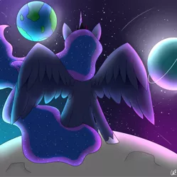 Size: 678x681 | Tagged: safe, artist:aber6823, derpibooru import, princess luna, alicorn, earth, image, moon, planet, png, sitting, solo