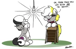 Size: 2475x1601 | Tagged: safe, artist:bobthedalek, derpibooru import, oc, oc:octavia's father, oc:octavia's mother, unofficial characters only, earth pony, pony, bright, bulb, image, png, shielding face, stepladder, sunglasses